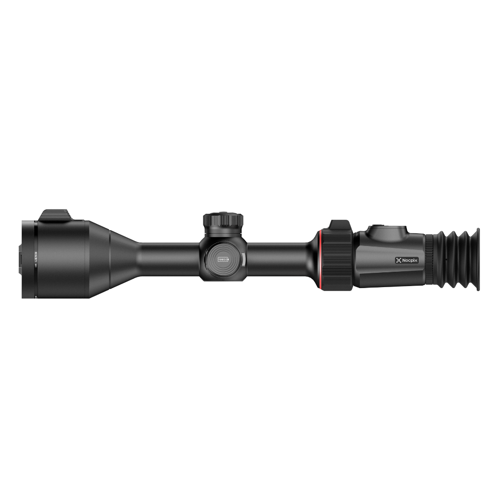 A black thermal rifle scope with a flip-down eyepiece cover, shown at a side angle.