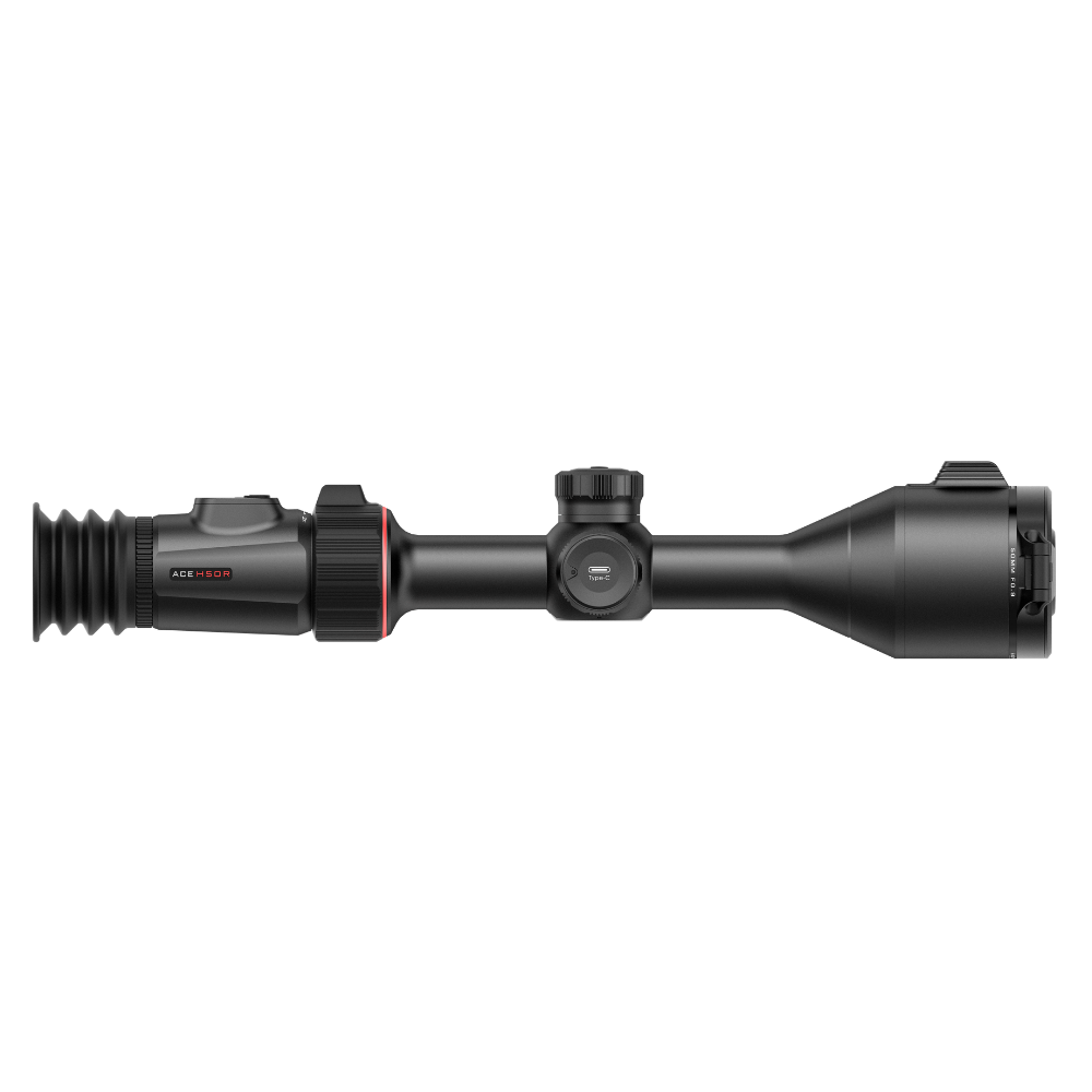 A black thermal rifle scope with a flexible bellows tube on the left and a large objective lens on the right.