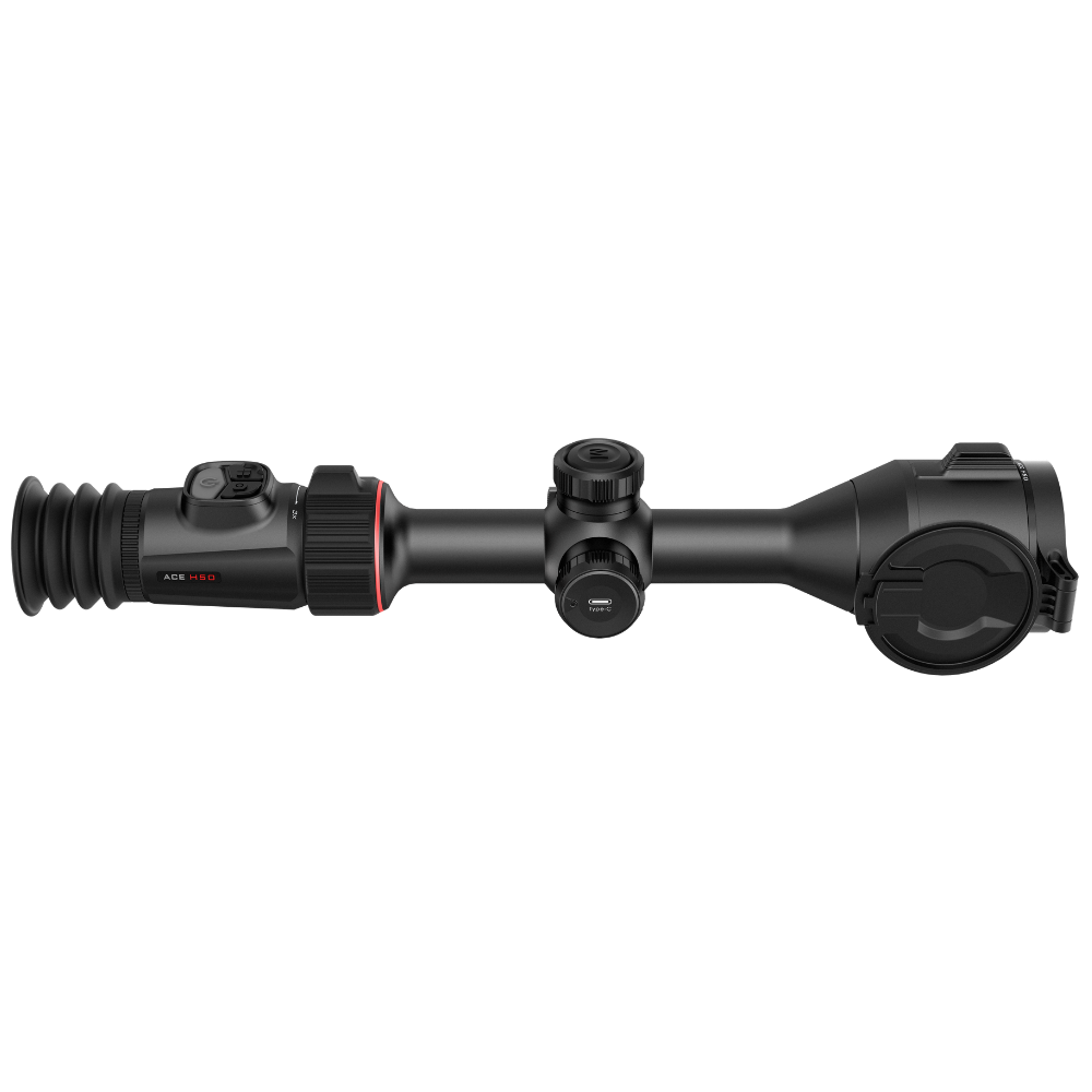 A black thermal imaging scope with red accents, shown horizontally.