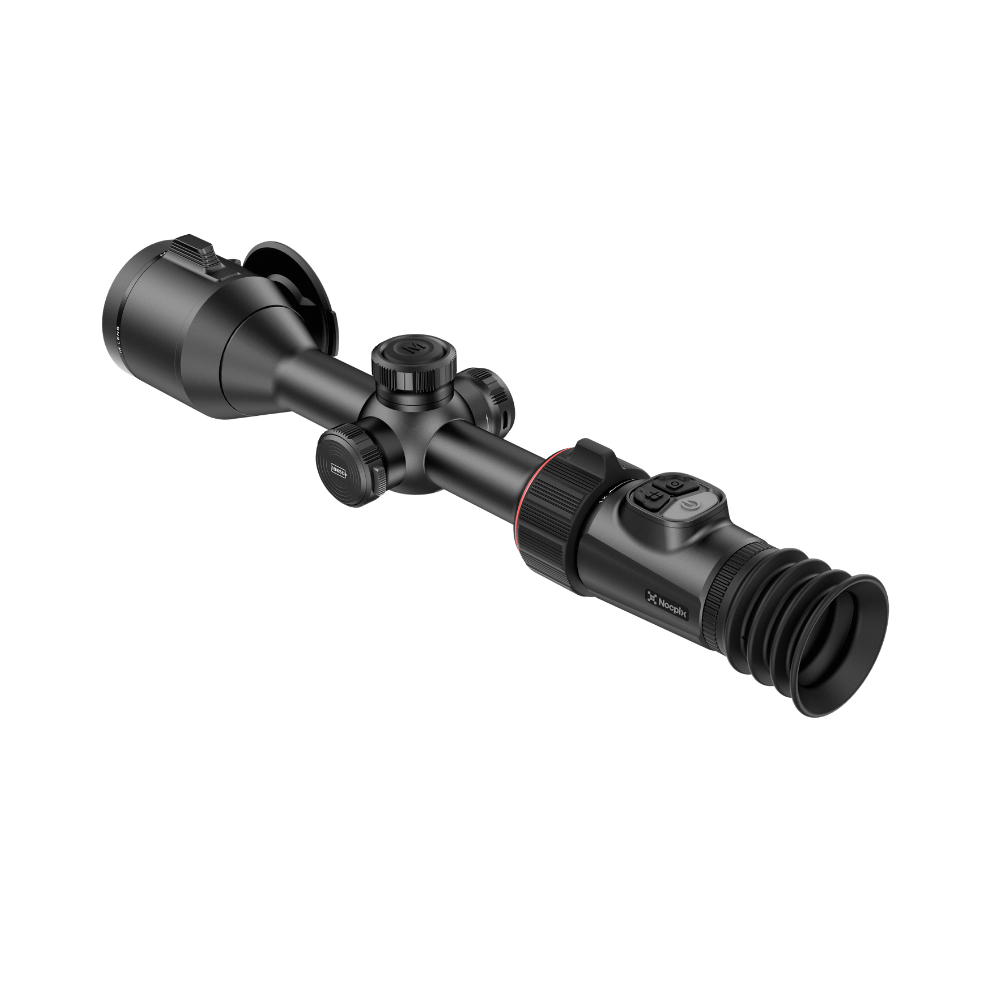 A black thermal scope with adjustment knobs and a rubber eyecup, shown at an angle.