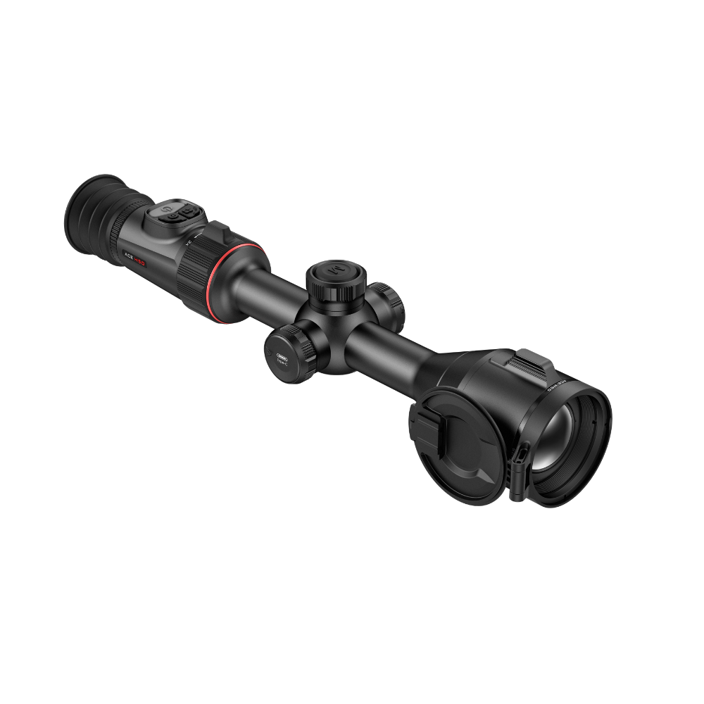 A black thermal rifle scope with red accents, shown at a diagonal angle.