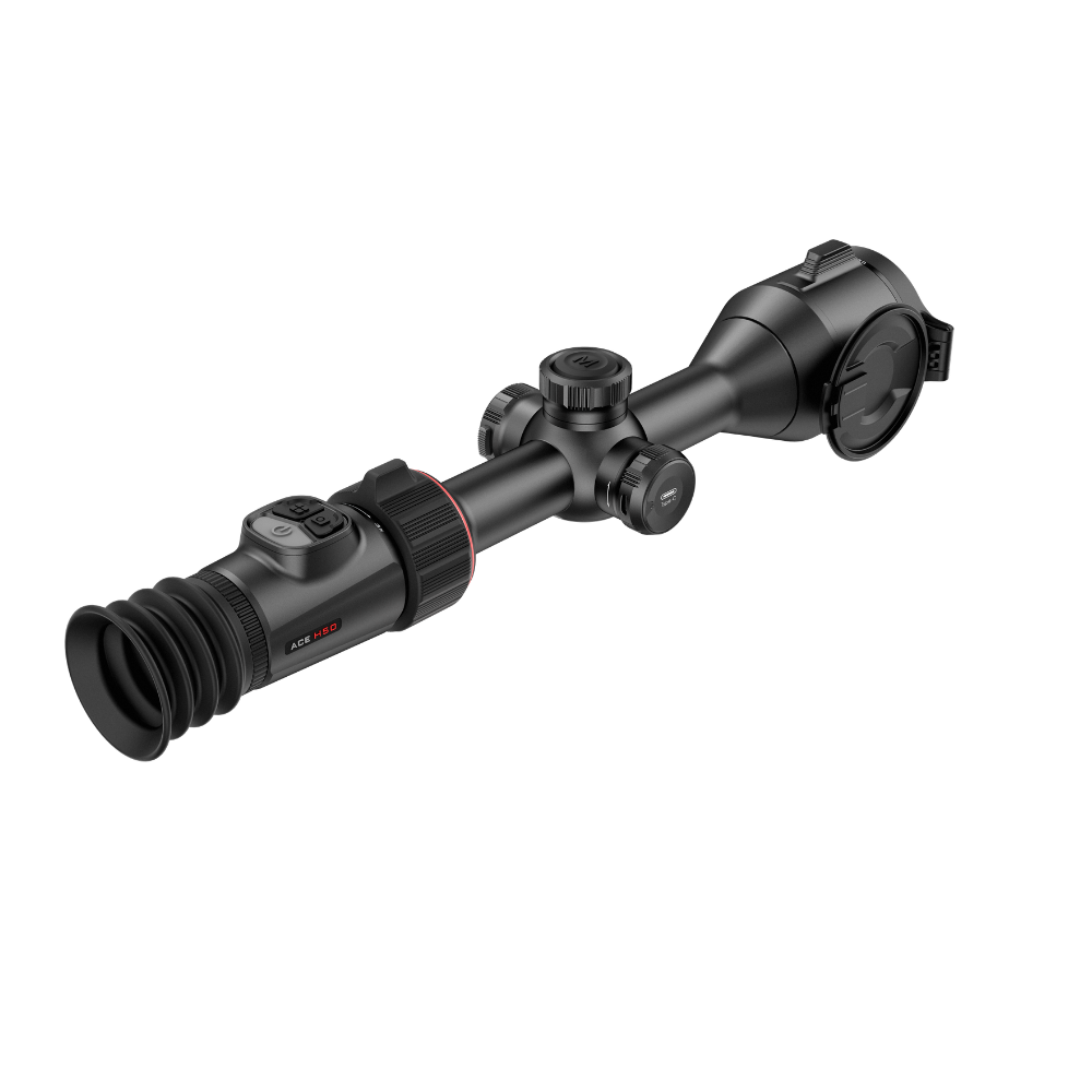 A black rifle scope with a rubber eyecup and adjustment knobs, shown at an angle.
