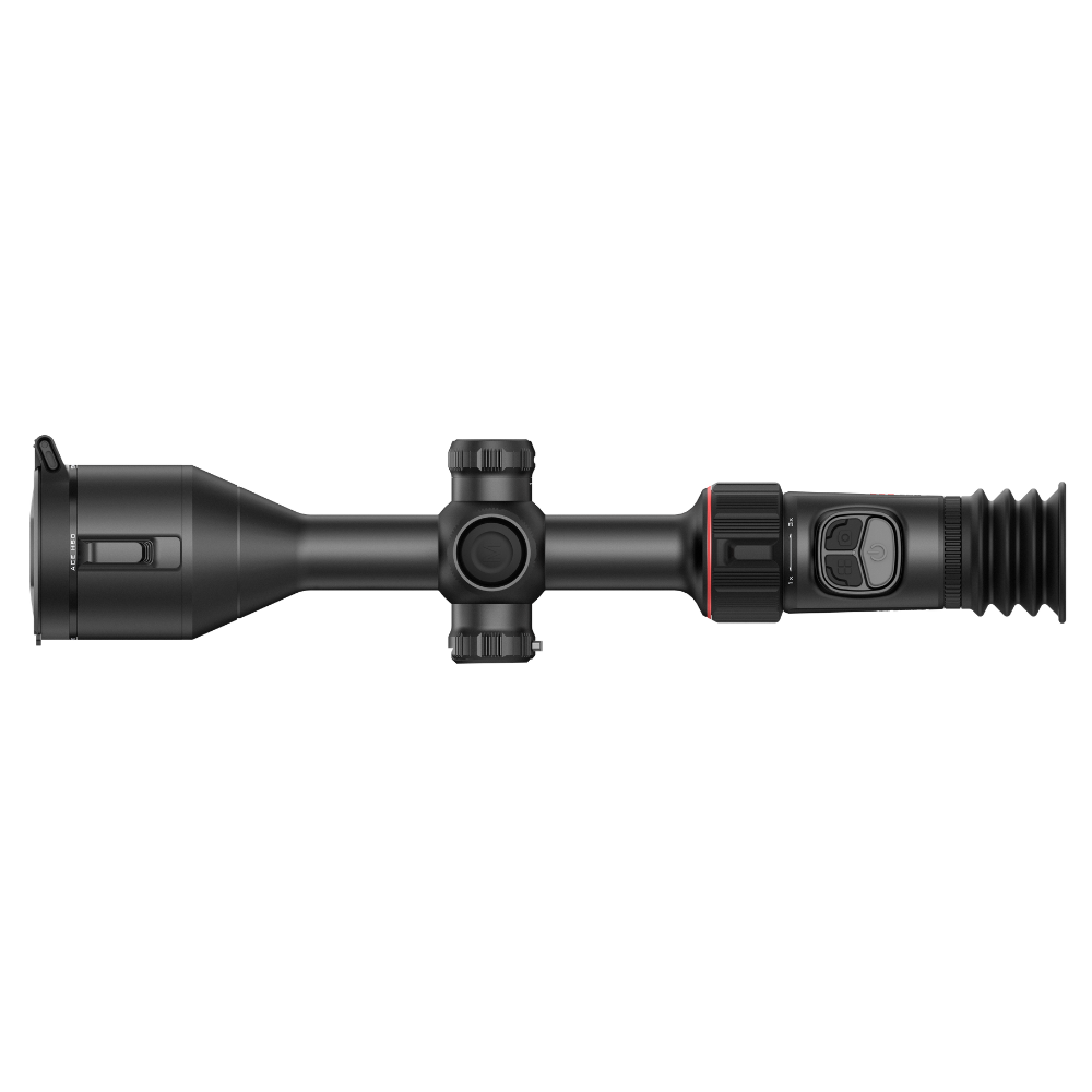 A black rifle scope with a ribbed objective lens, adjustment dials, and a red accent ring, shown horizontally.