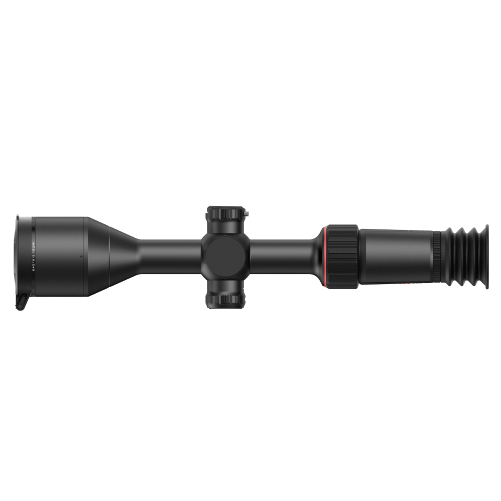 A black rifle scope with a rubber eyepiece extension, shown horizontally.