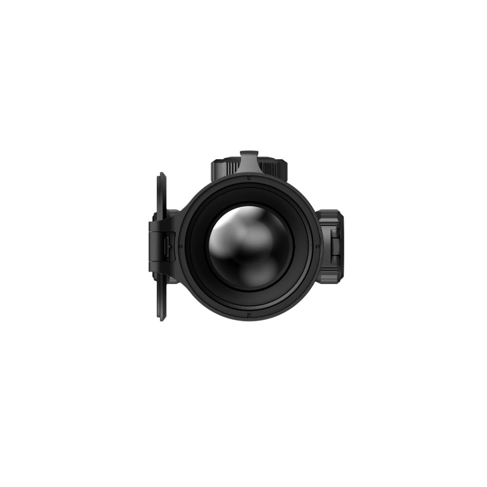 A black thermal scope rifle sight with a flip-down protective lens cover, shown from the front view.