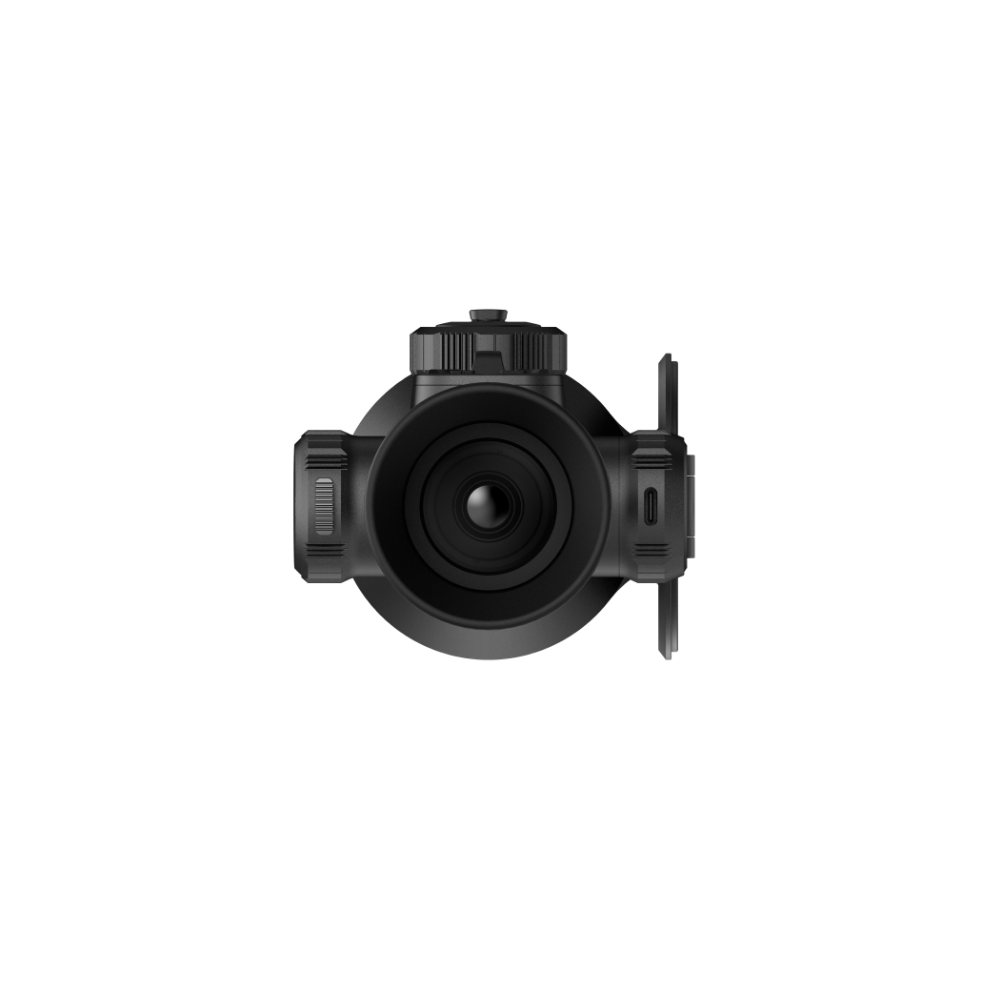 A black thermal scope rifle sight with a flip-down protective lens cover, shown from the front view.