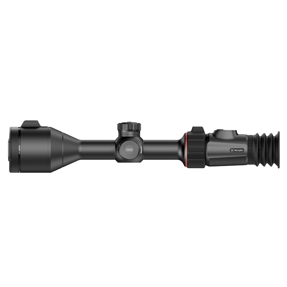 A black thermal rifle scope with a ribbed objective lens, adjustment knobs, and a flexible cooling vent on the eyepiece.