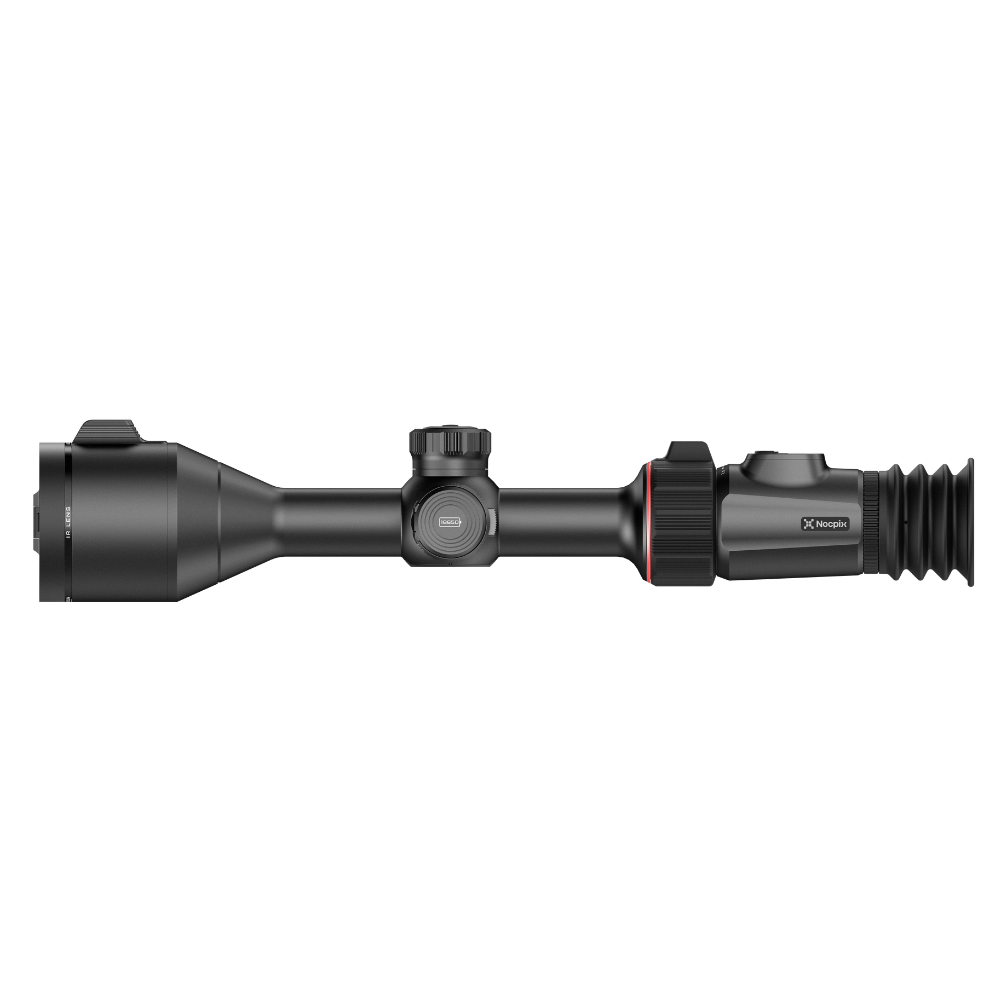 A black thermal rifle scope with a red accent ring, featuring a flexible cooling vent on the objective lens housing.