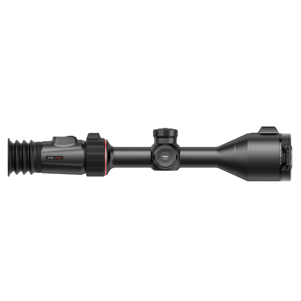 A black tactical rifle scope with a red accent ring and a red 'ACE H50' logo, shown horizontally.