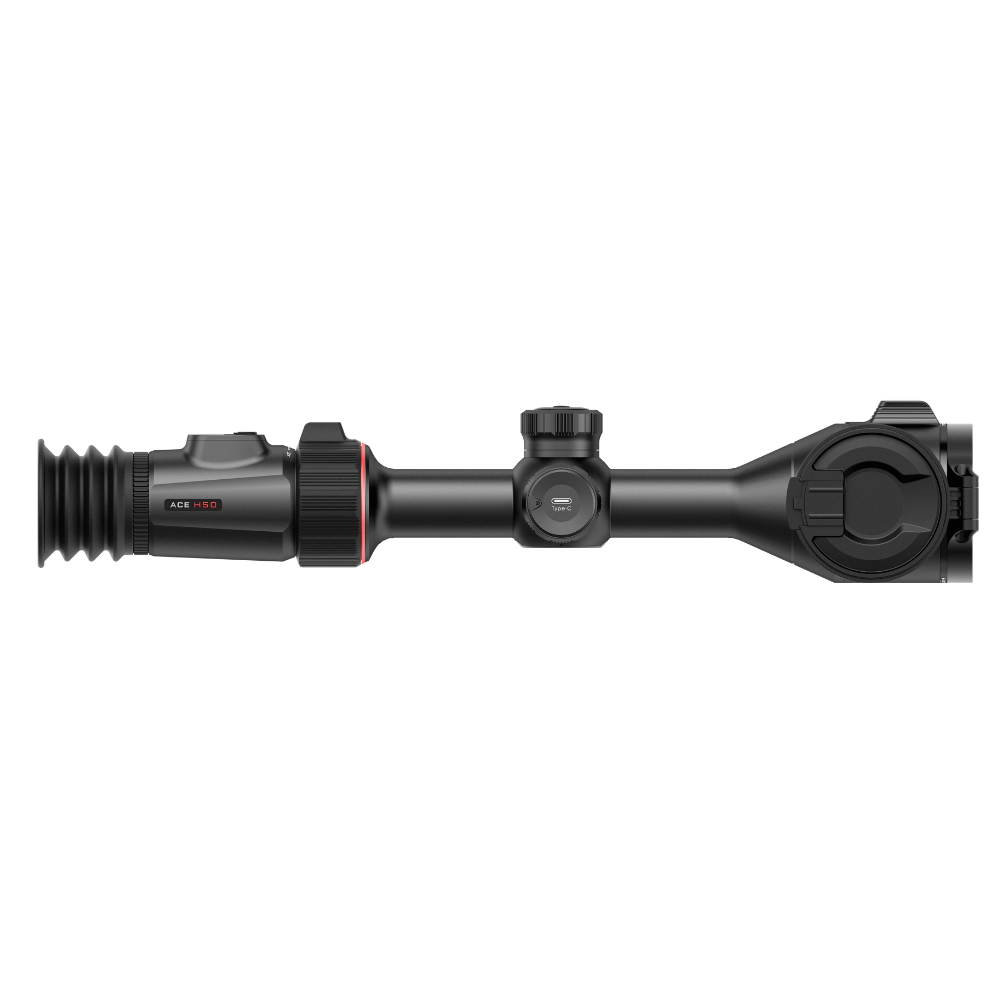 A black rifle scope with a red accent ring and a red 'ACE H50' logo on the objective lens housing, shown in a side profile view.