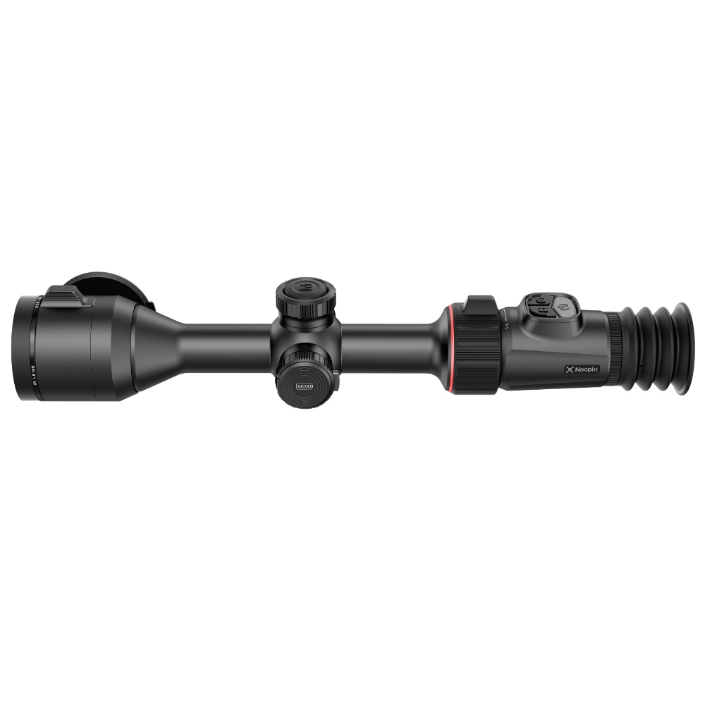 A black rifle scope with a hinged flip-up cover, shown from the side.