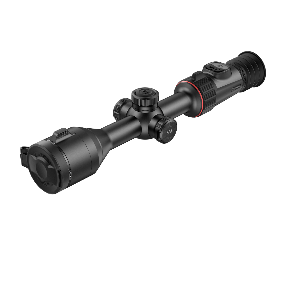 A black thermal rifle scope with a red accent ring, shown at a diagonal angle.