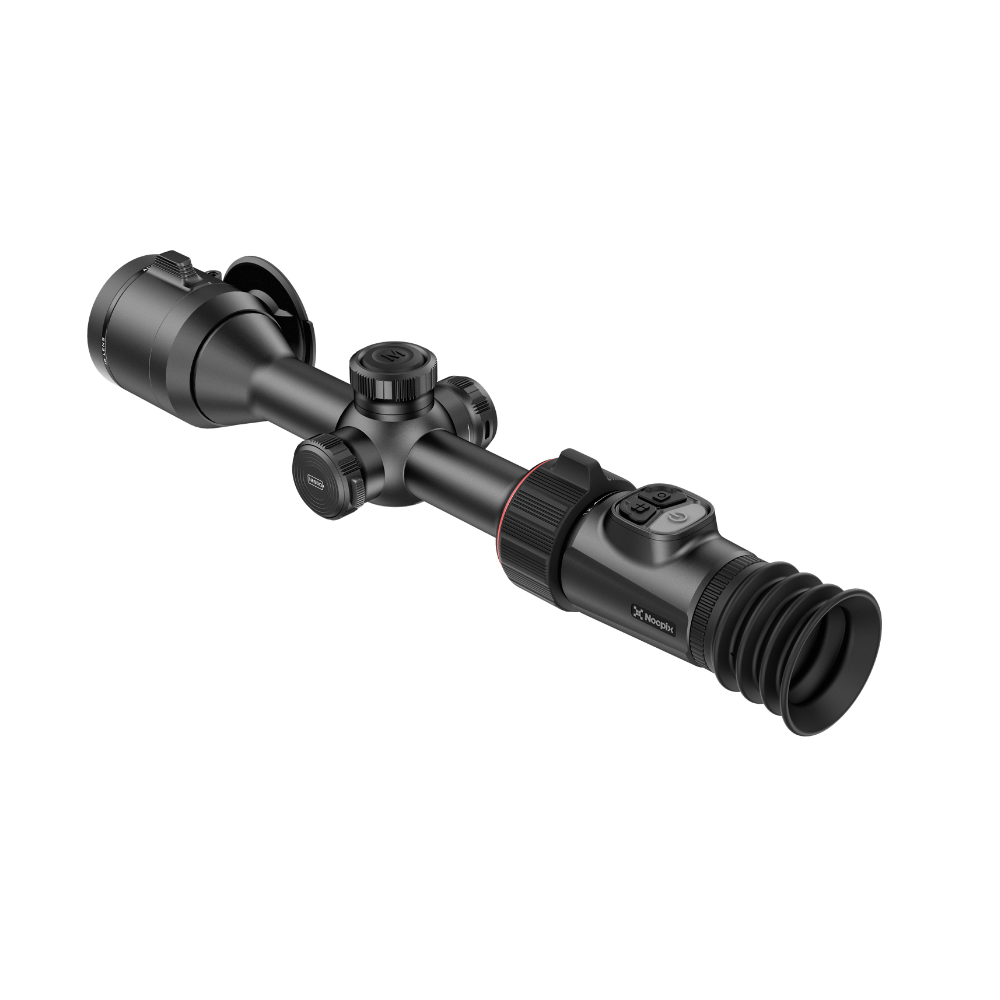 A black thermal rifle scope with a ribbed objective lens and adjustment knobs.