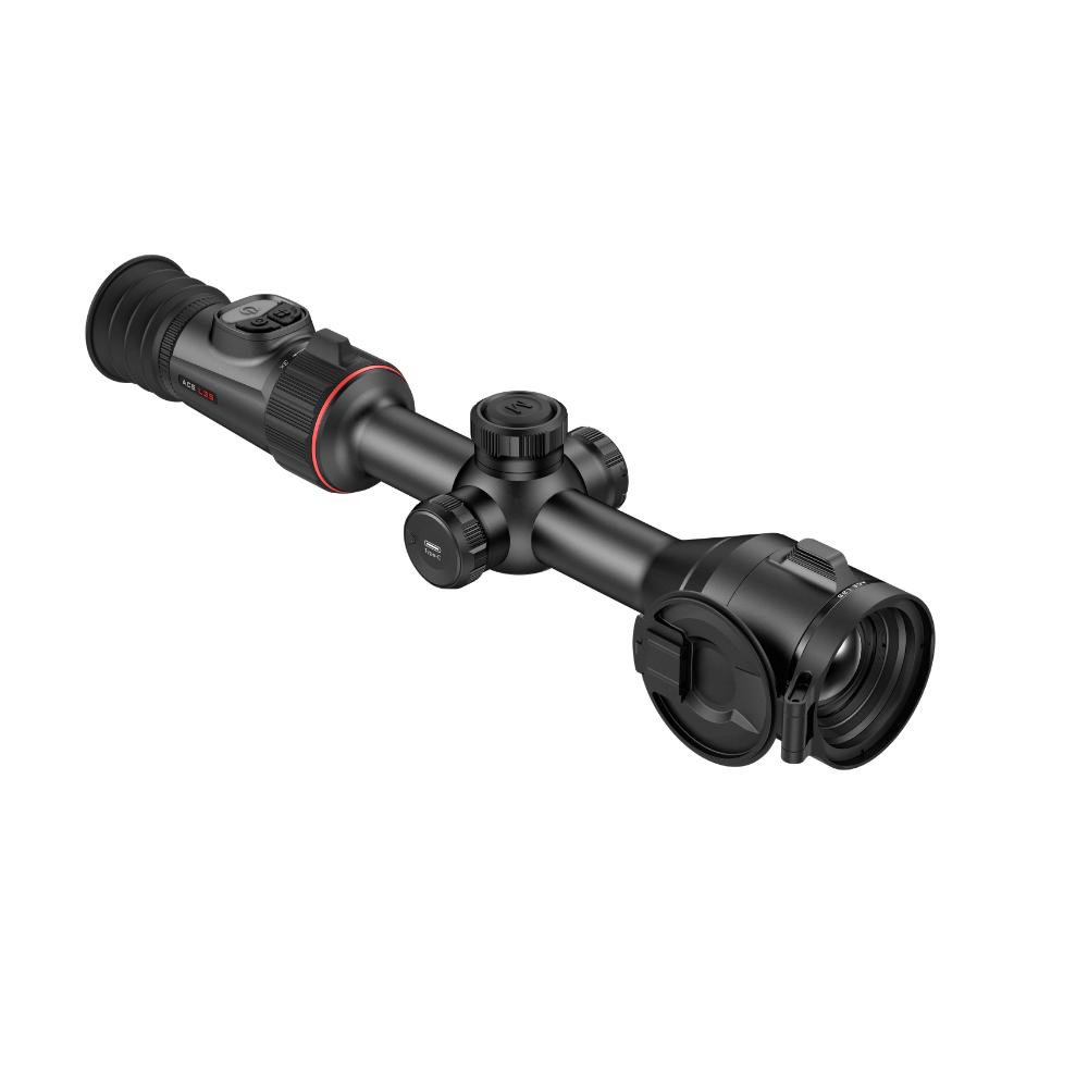 A black thermal rifle scope with red accent rings, shown at an angle.
