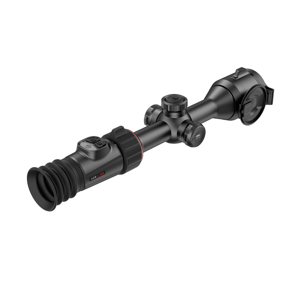 A black thermal imaging scope with a rubber eyepiece and adjustment knobs.
