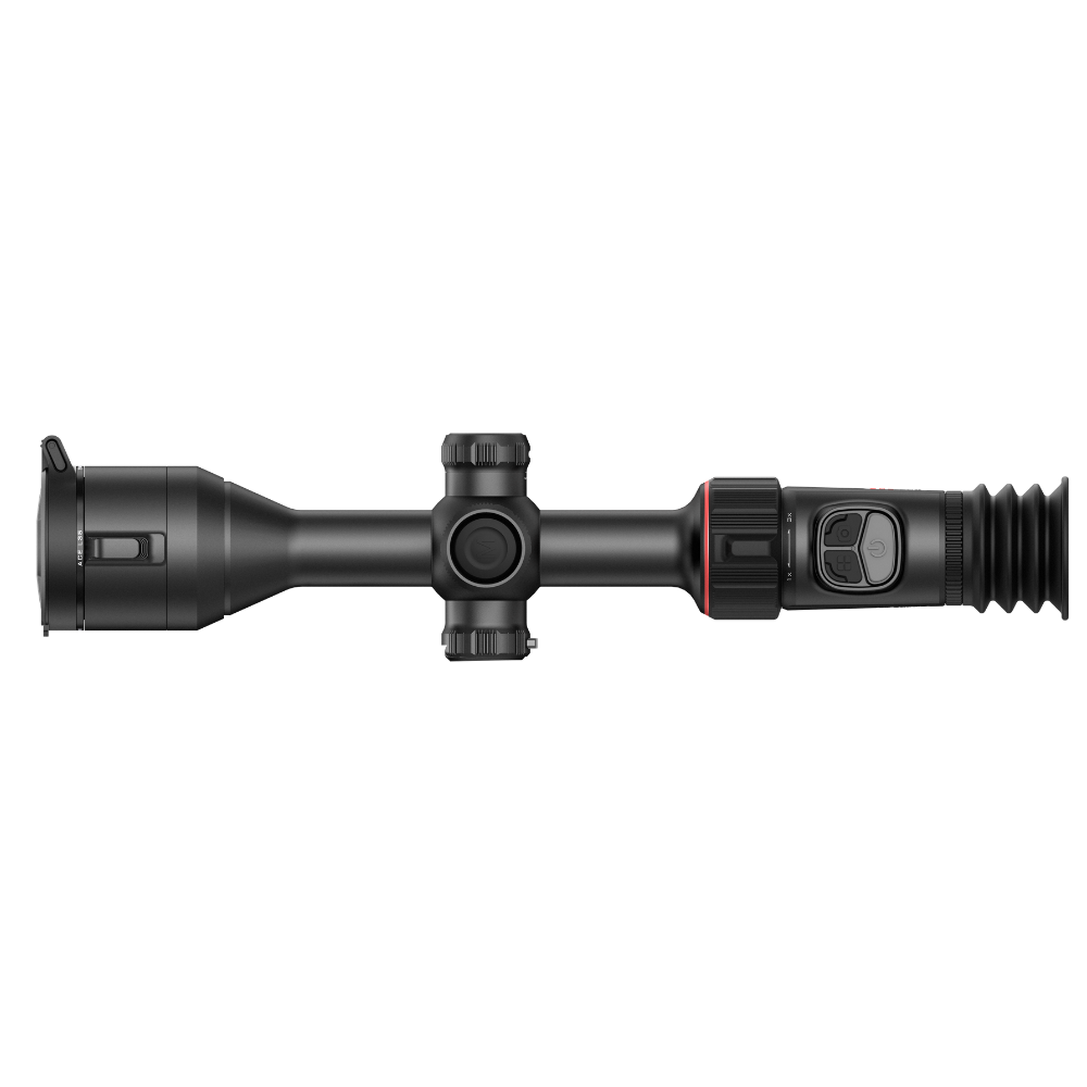 A black tactical rifle scope with a red accent ring, shown horizontally.
