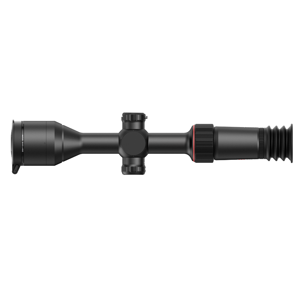 A black riflescope rifle scope with a red accent ring, shown horizontally.
