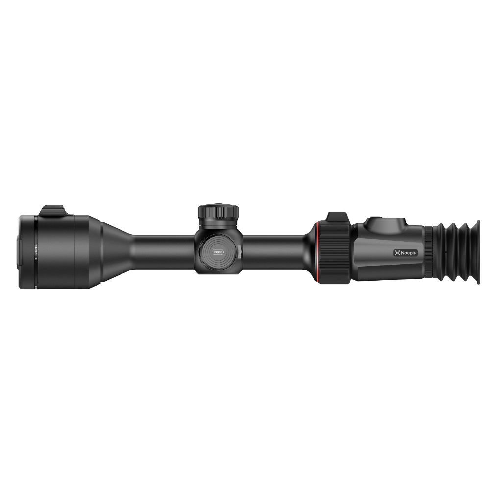 A black rifle scope with a hinged flip-up cover, shown from the side