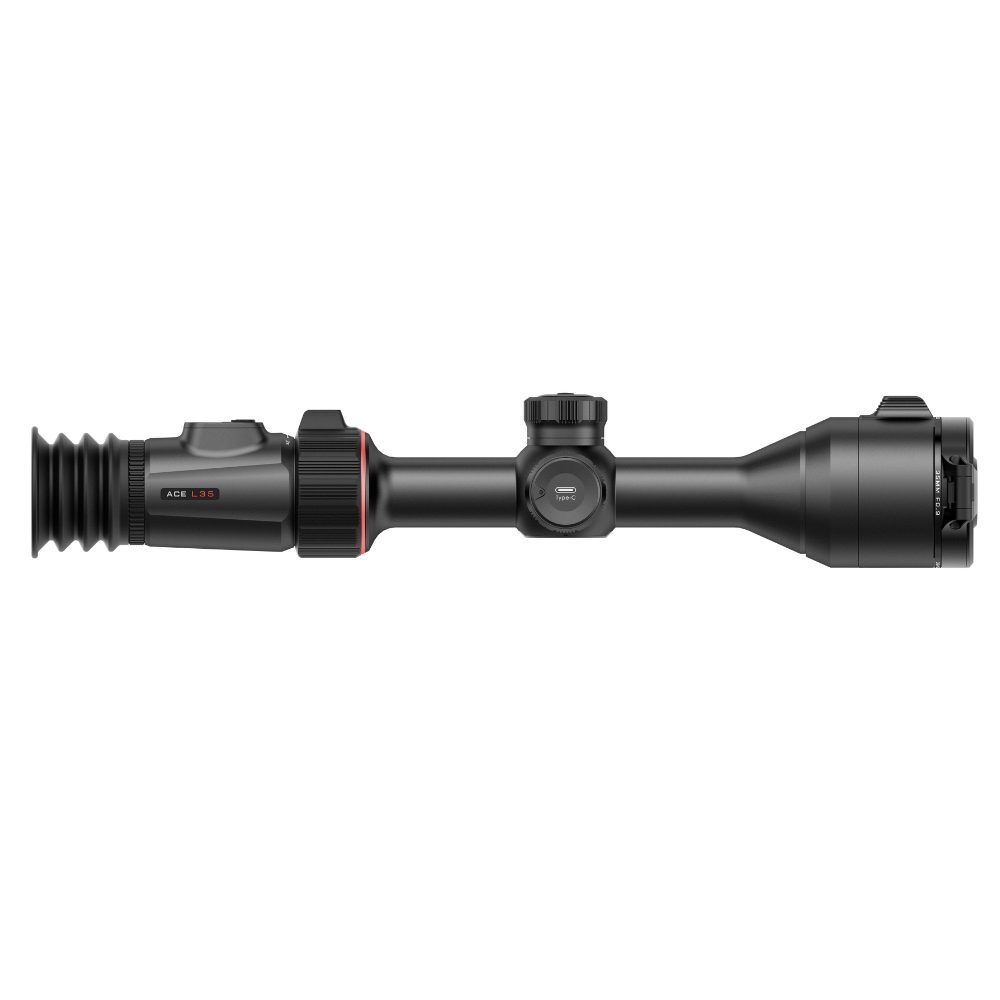 A black thermal rifle scope with a red accent ring, featuring a side release knob labeled 'ACE L35' and a central adjustment knob.