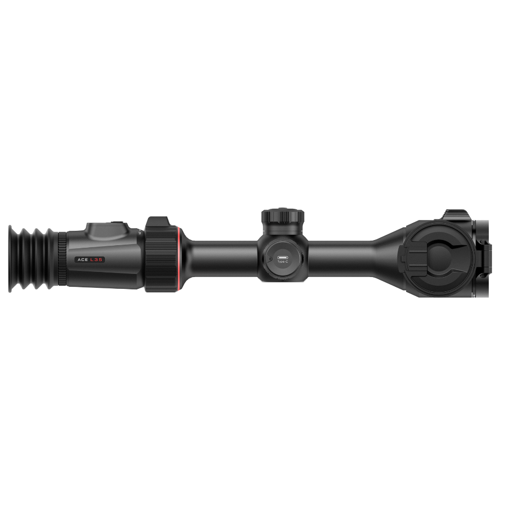 A black rifle scope with adjustment knobs and a ribbed objective lens, shown horizontally.