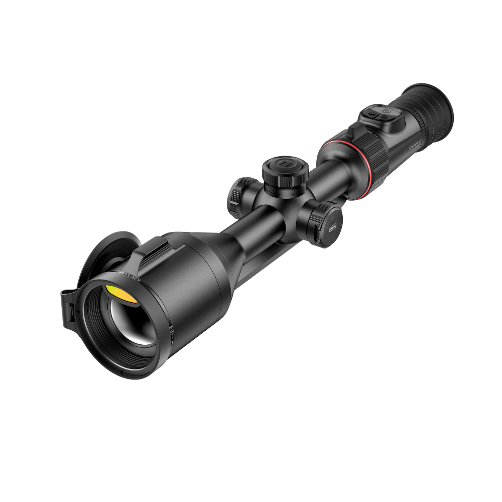 A black thermal rifle scope with a rubber lens hood, shown at a diagonal angle.