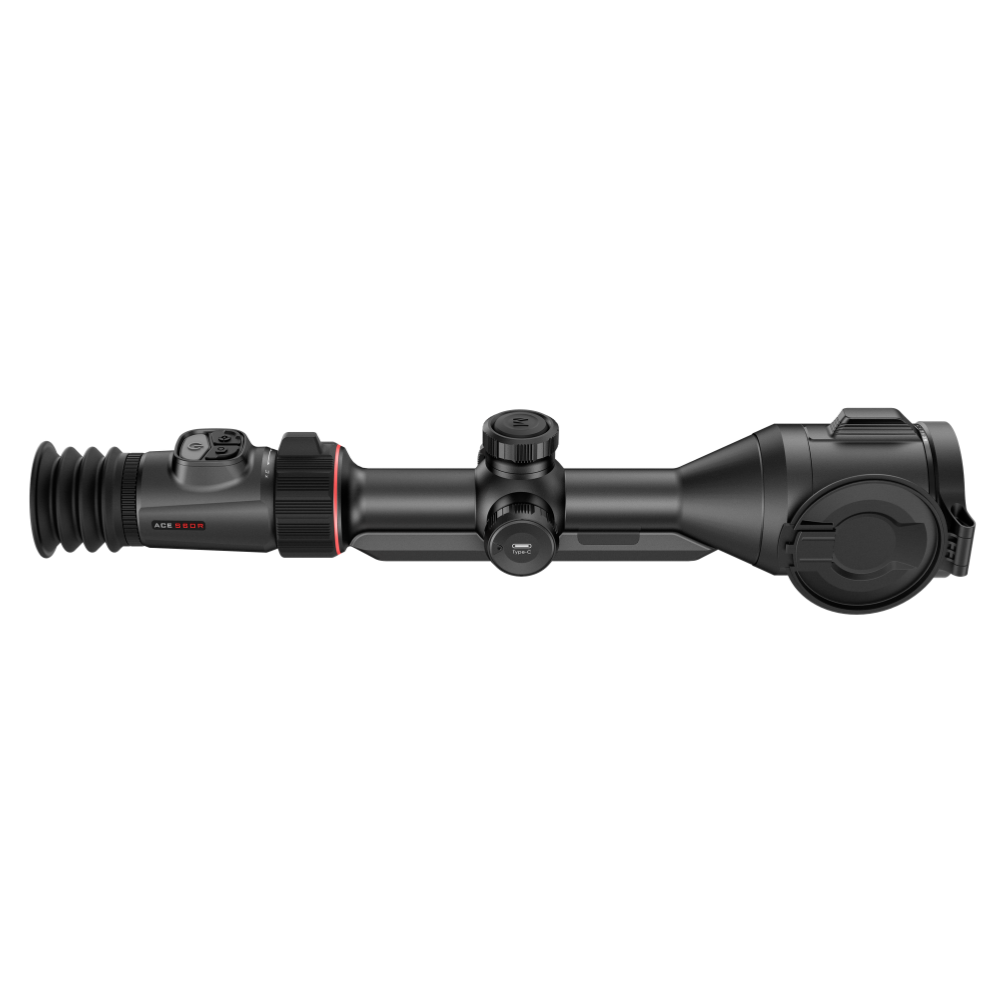 A black rifle scope with a red accent ring and a small red logo, shown horizontally.