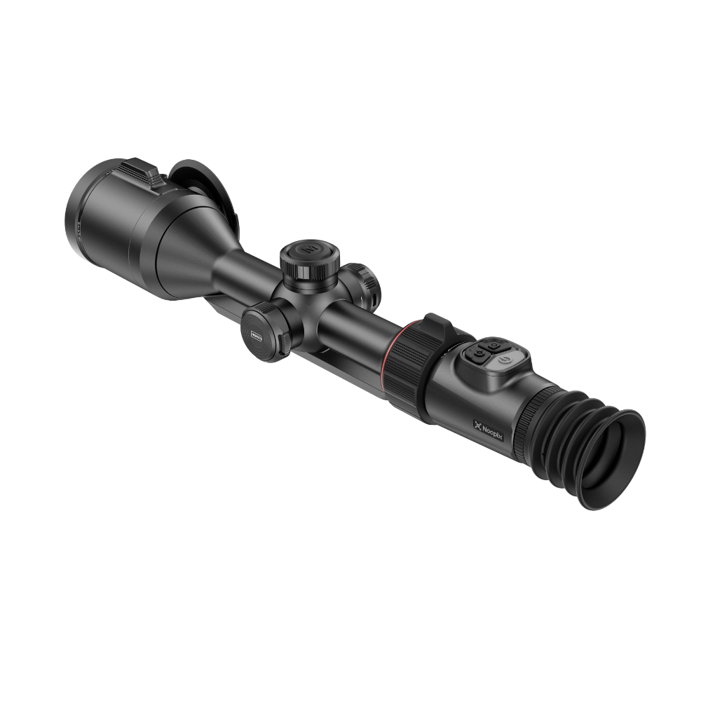 A black thermal rifle scope with a rubber eyepiece, shown at a diagonal angle.