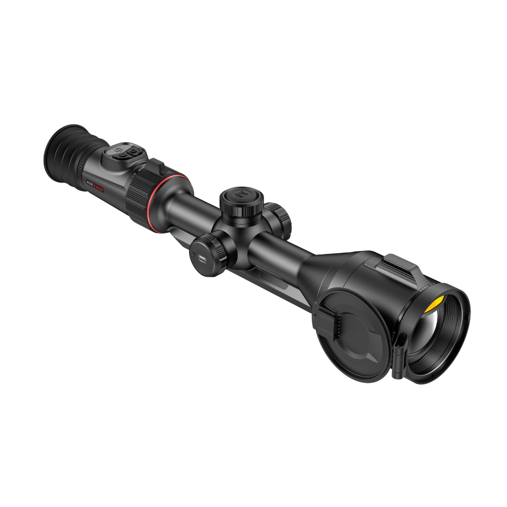 A black thermal rifle scope with red accents and a yellow objective lens, shown at an angle.