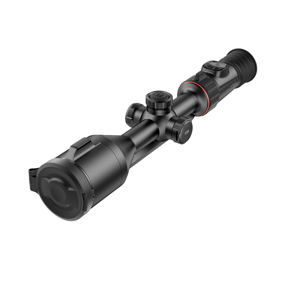 A black thermal rifle scope with a red accent ring, shown at a diagonal angle.