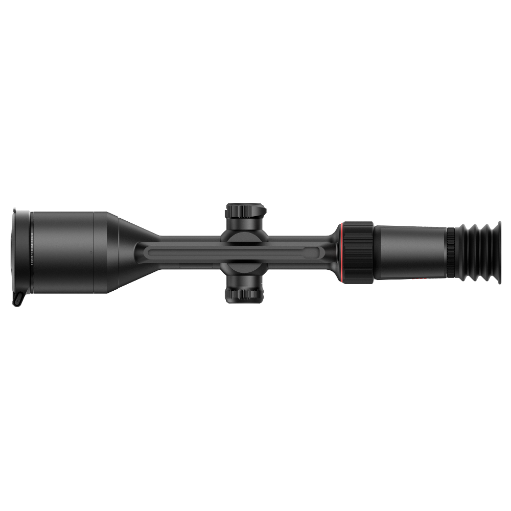 A black rifle scope with a red accent ring, shown in a side profile view.