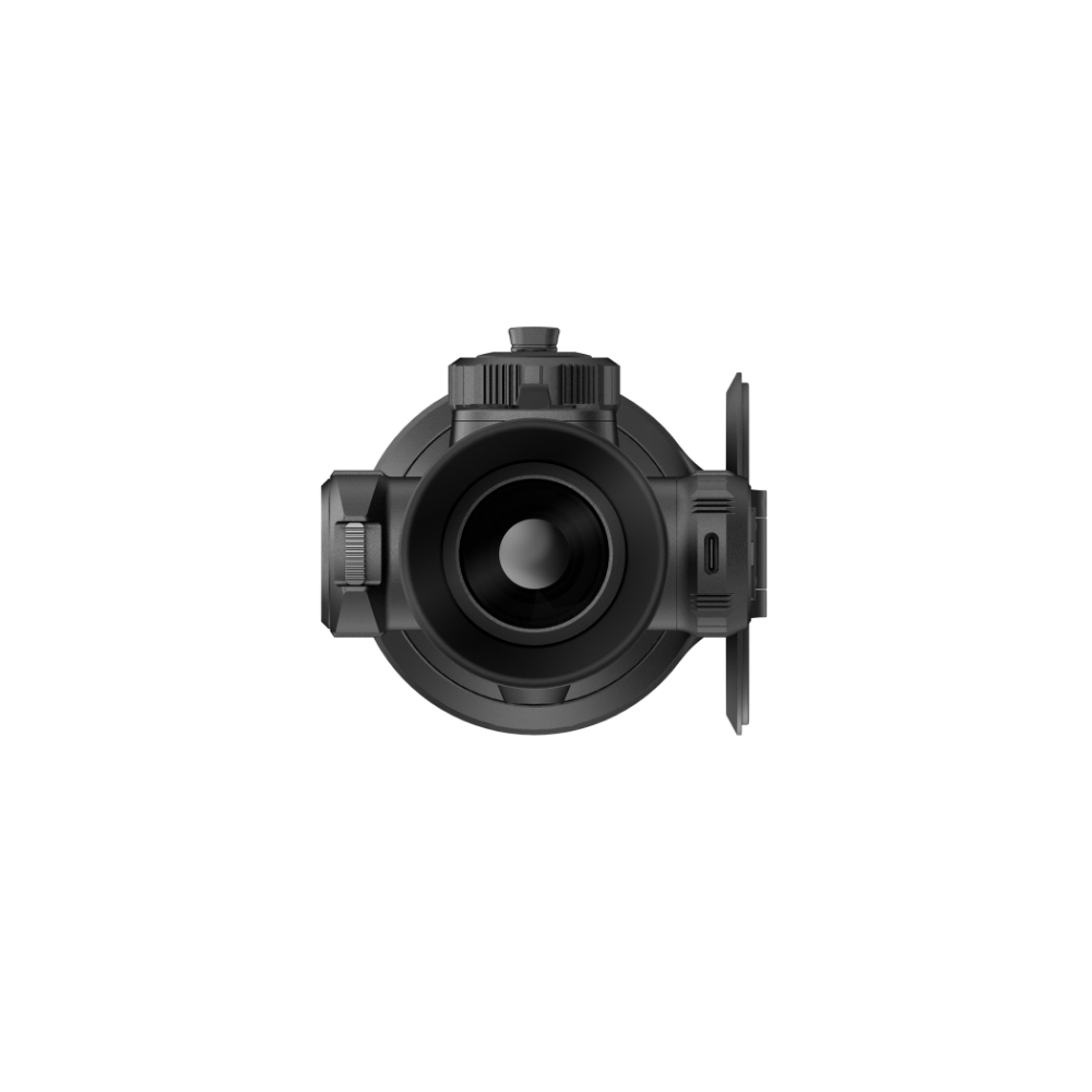 A black thermal rifle scope with a side-mounted lens cap, shown from a top-down perspective.