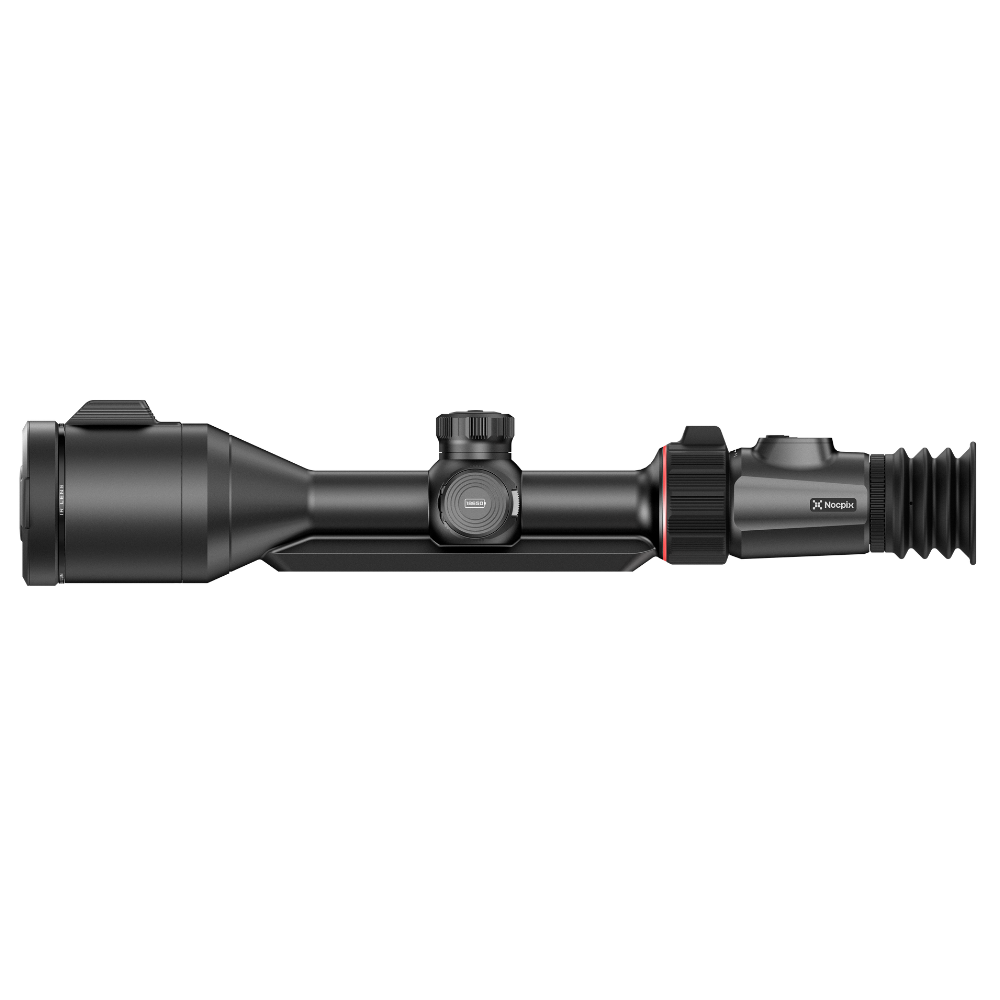 A black thermal rifle scope with a red accent ring, shown horizontally. The scope features a textured adjustment knob and a ribbed eyepiece.