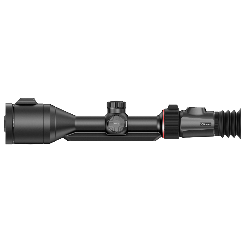 A black thermal rifle scope, shown horizontally. The scope features a textured black rubber eyepiece and a small red accent ring near the objective lens.