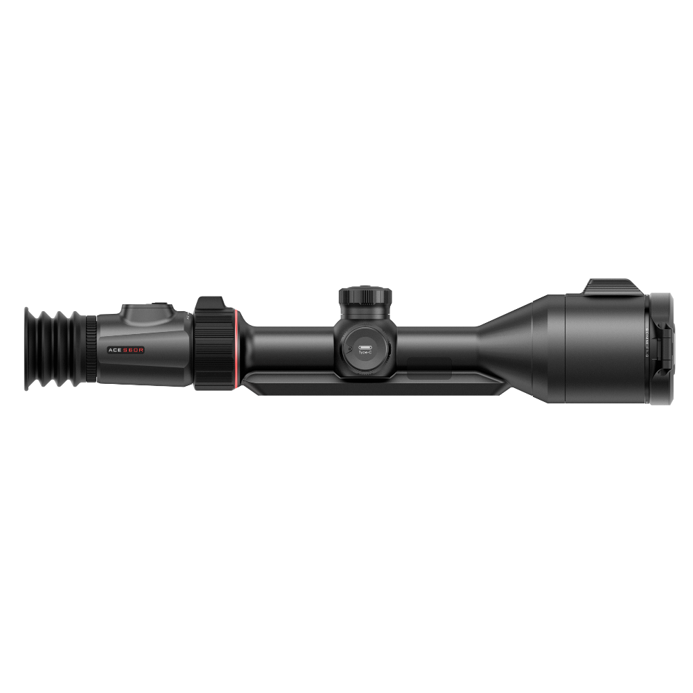 A black thermal rifle scope, shown horizontally. The scope features a textured black rubber eyepiece and a small red accent ring near the objective lens.