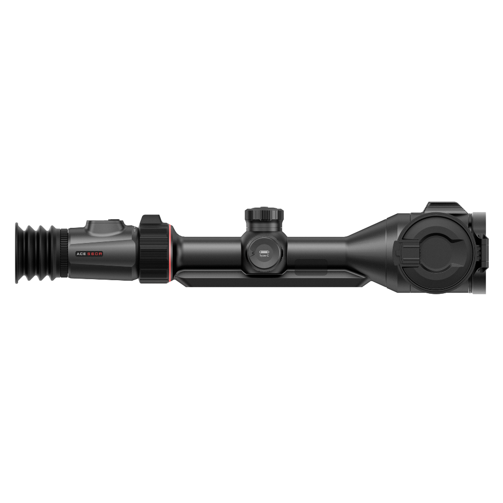 A black thermal rifle scope, shown horizontally. The scope features a textured black rubber eyepiece and a small red accent ring near the objective lens.