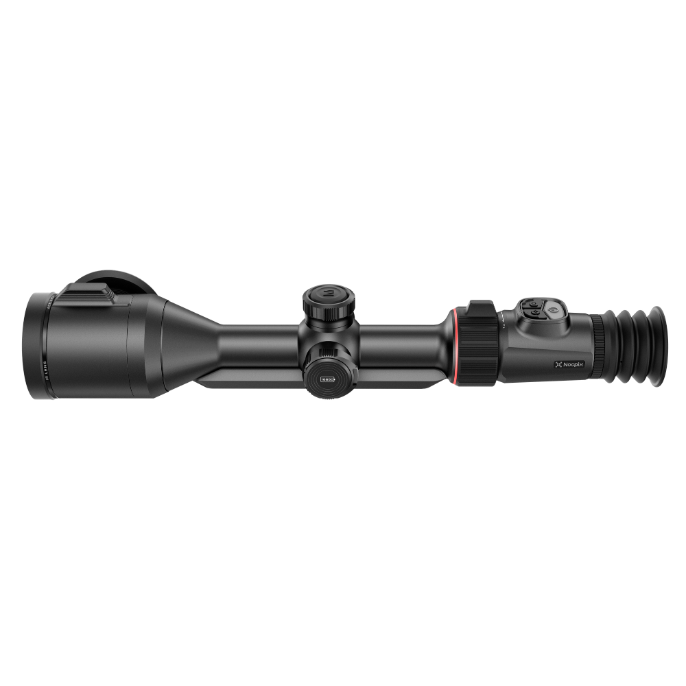 A black thermal rifle scope, shown horizontally. The scope features a textured black rubber eyepiece and a small red accent ring near the objective lens.