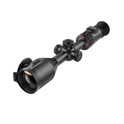 A black thermal rifle scope with a red accent ring, shown at an angle.