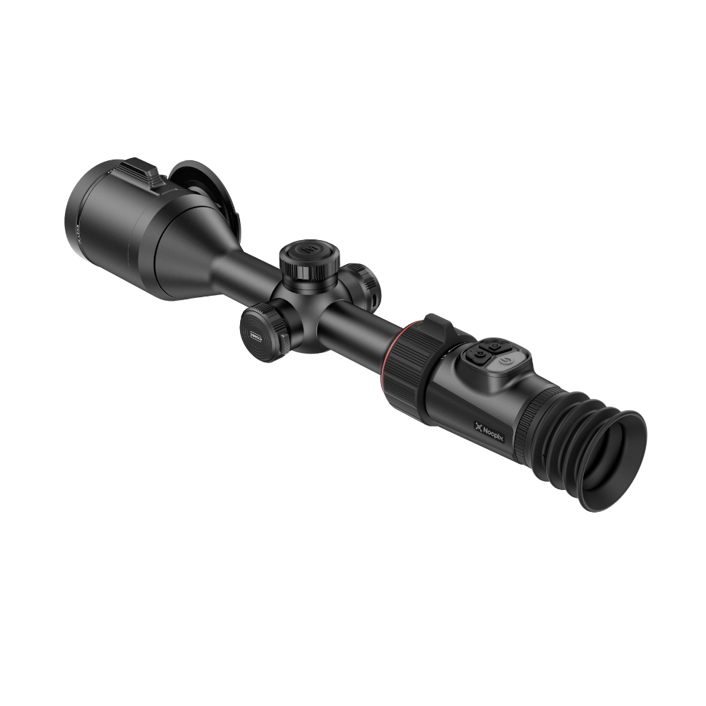 A black thermal rifle scope with a rubber eyepiece and adjustment knobs, shown at an angle.