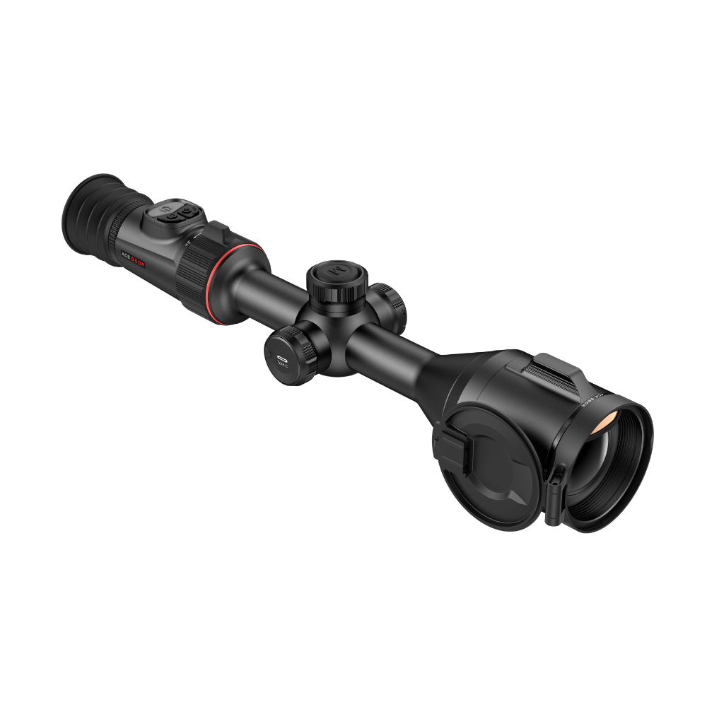 A black thermal rifle scope with red accent rings and adjustment knobs, shown at a diagonal angle.