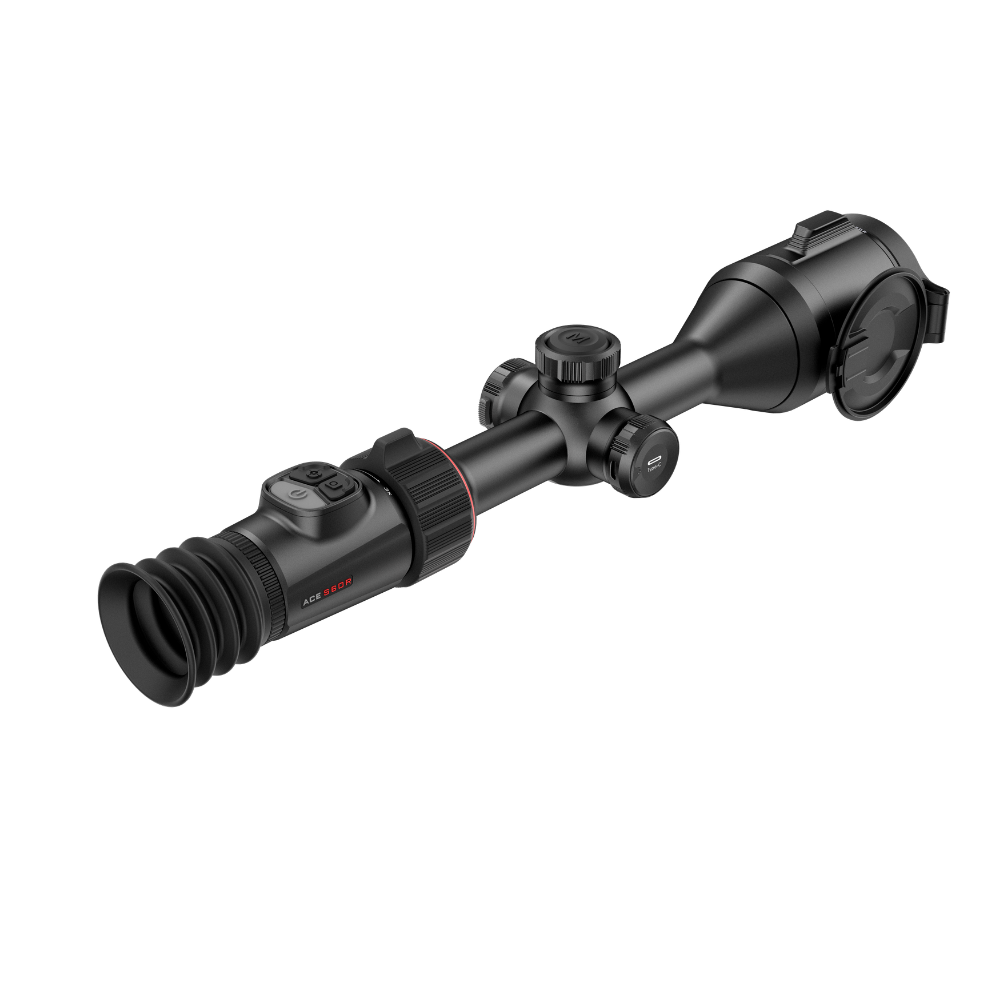 A black thermal rifle scope with a rubber eyecup and adjustable knobs, shown at an angle.