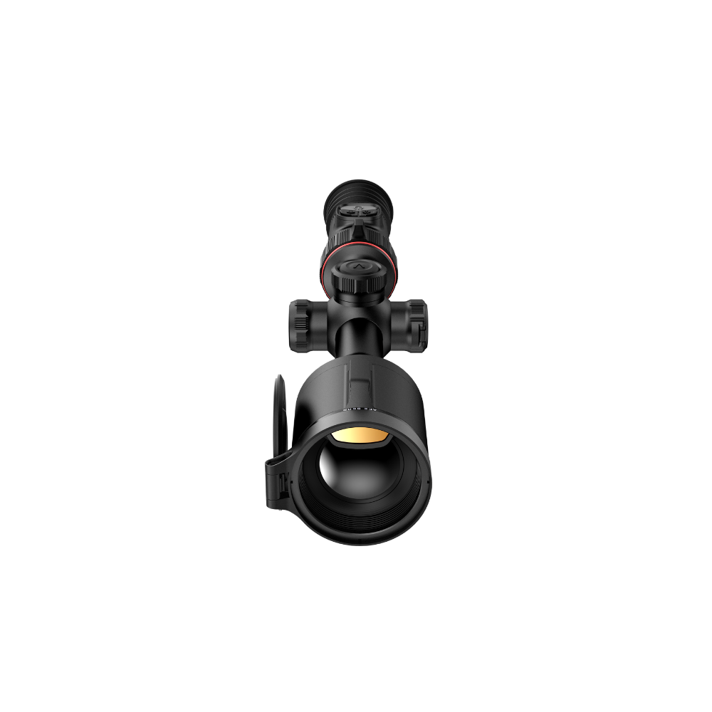 A black thermal rifle scope with a rubber eyecup and adjustable knobs, shown at an angle.