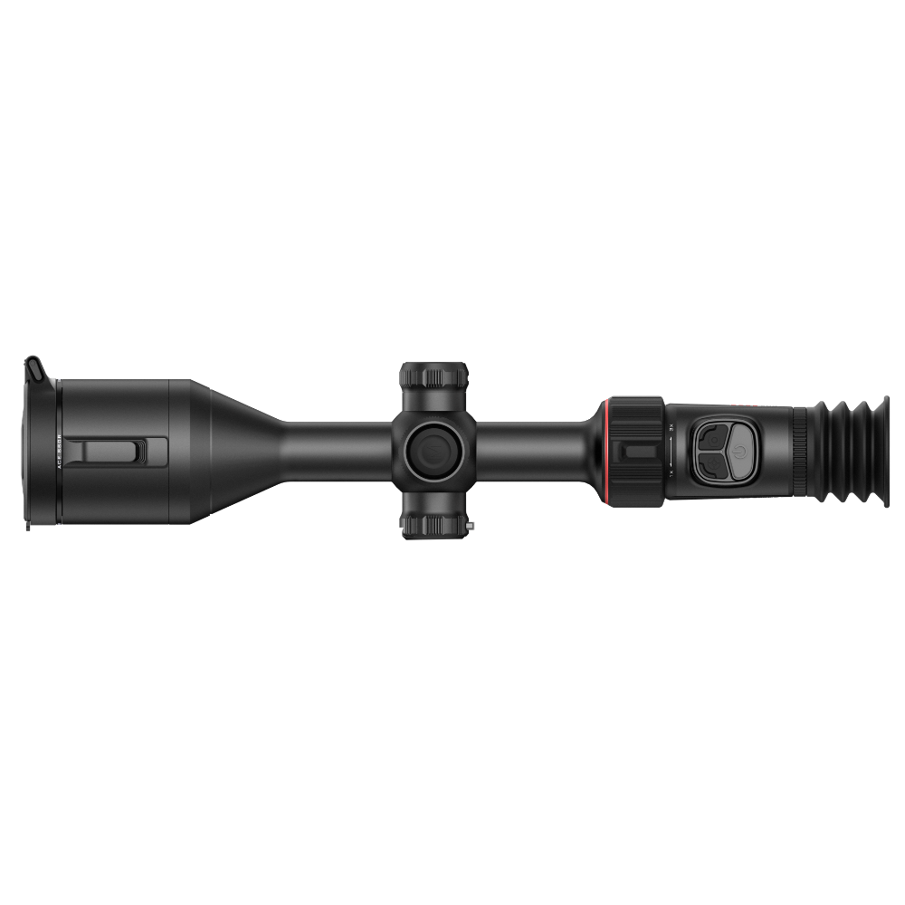 A black thermal rifle scope with a red accent ring, shown horizontally.