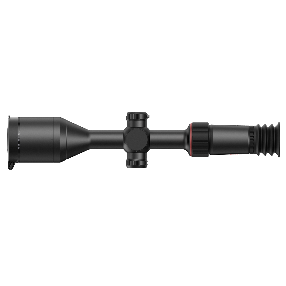 A black thermal rifle scope with a red accent ring, shown horizontally.