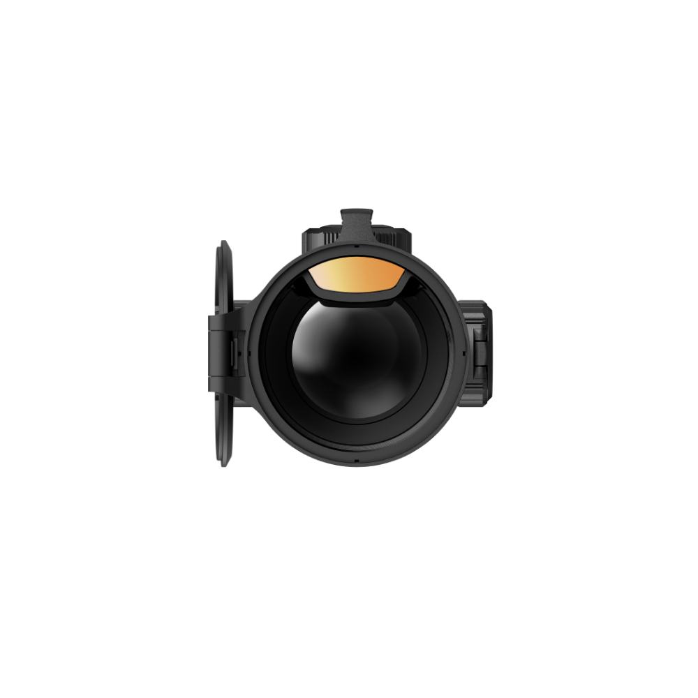 A black thermal rifle scope with a red accent ring, shown from the front.