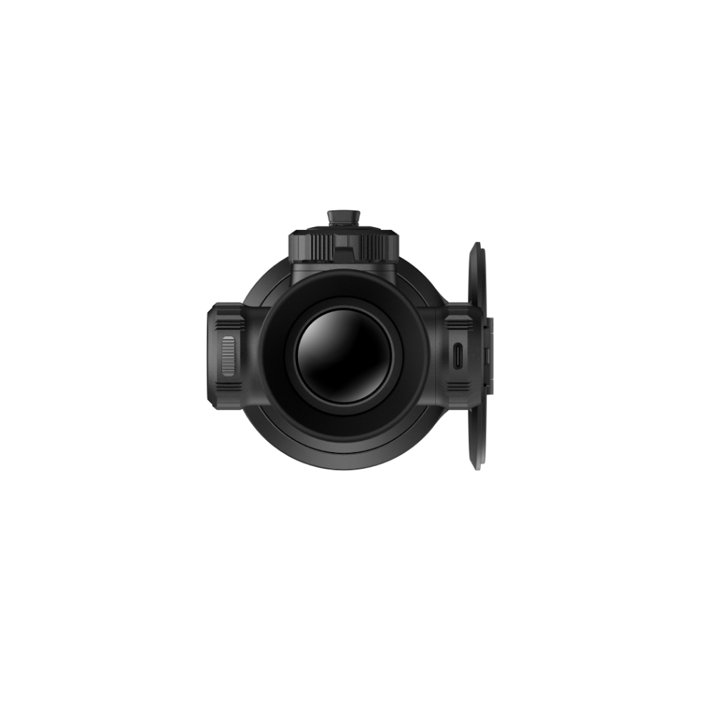 A black thermal rifle scope with a side-mounted flip-up lens cover, shown from a top-down perspective.