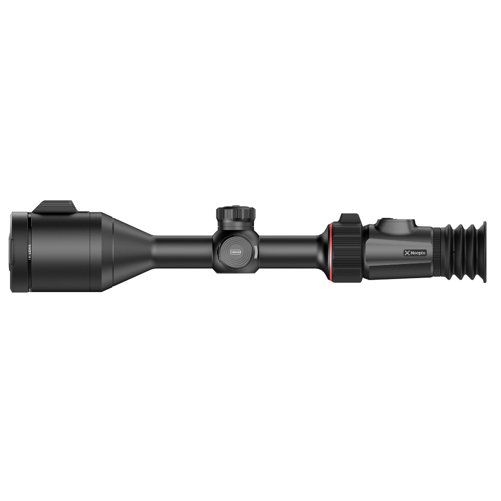 A black thermal rifle scope with a red accent ring, shown horizontally. The scope features a central adjustment knob.