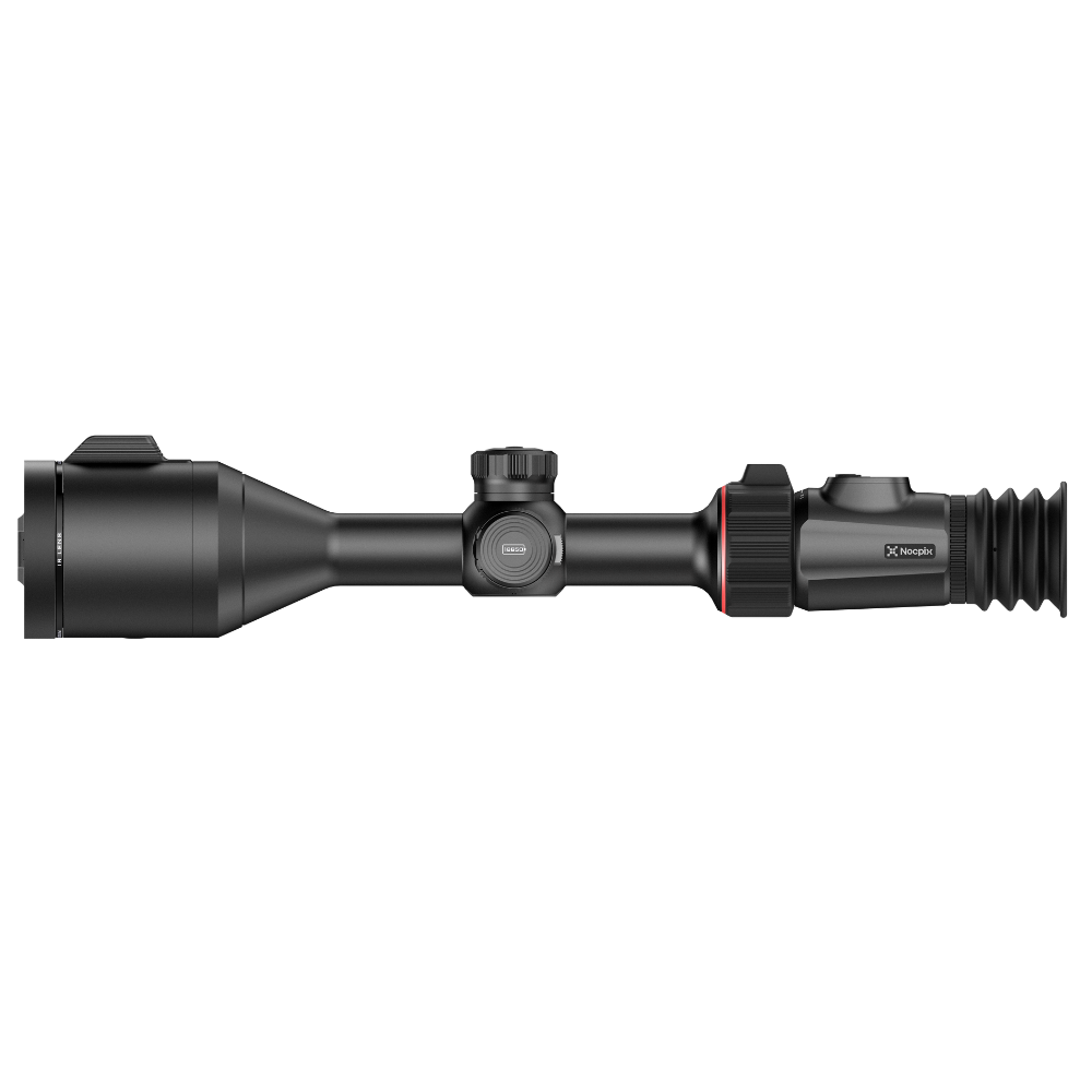 A black thermal rifle scope with a red accent ring, shown horizontally. The scope features a textured adjustment knob.