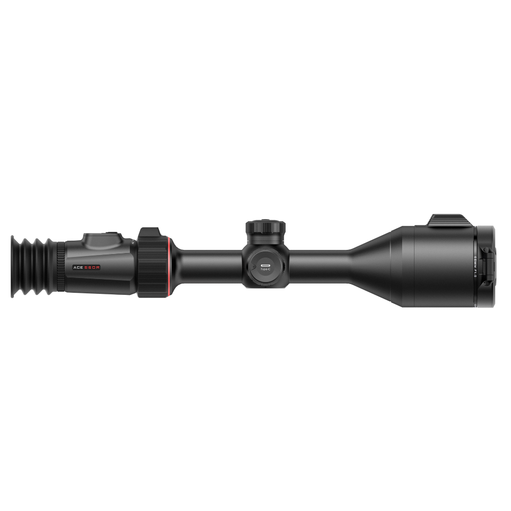 A black thermal rifle scope with a red ring accent, shown horizontally.