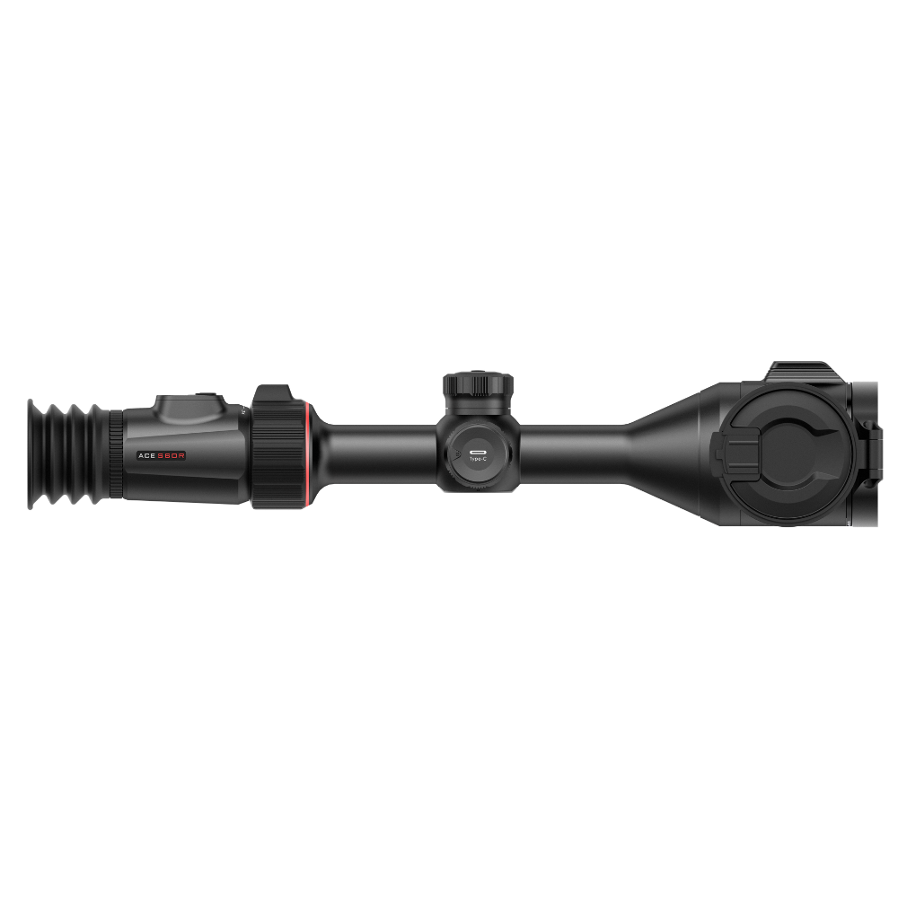 A black thermal rifle scope with a red ring accent, shown in a side profile.