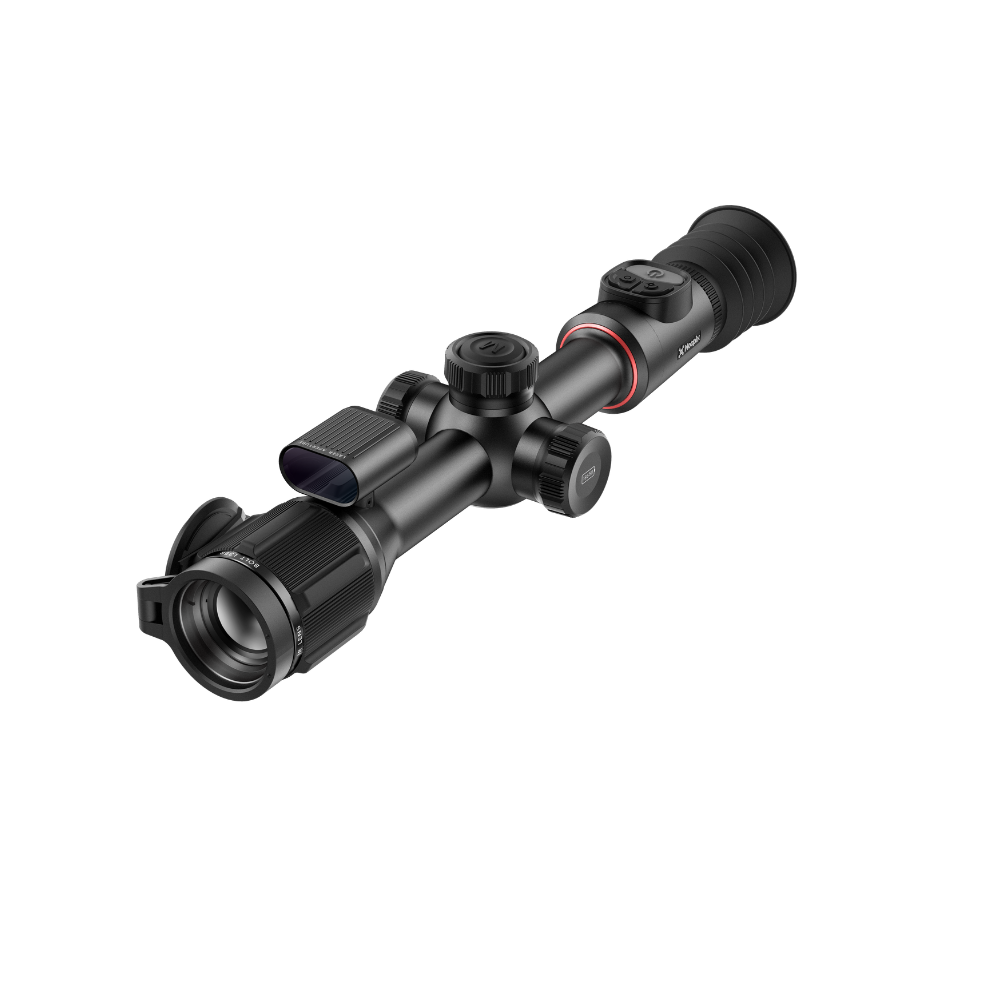 A black thermal rifle scope with adjustment knobs, a red accent ring, and a textured eyepiece.